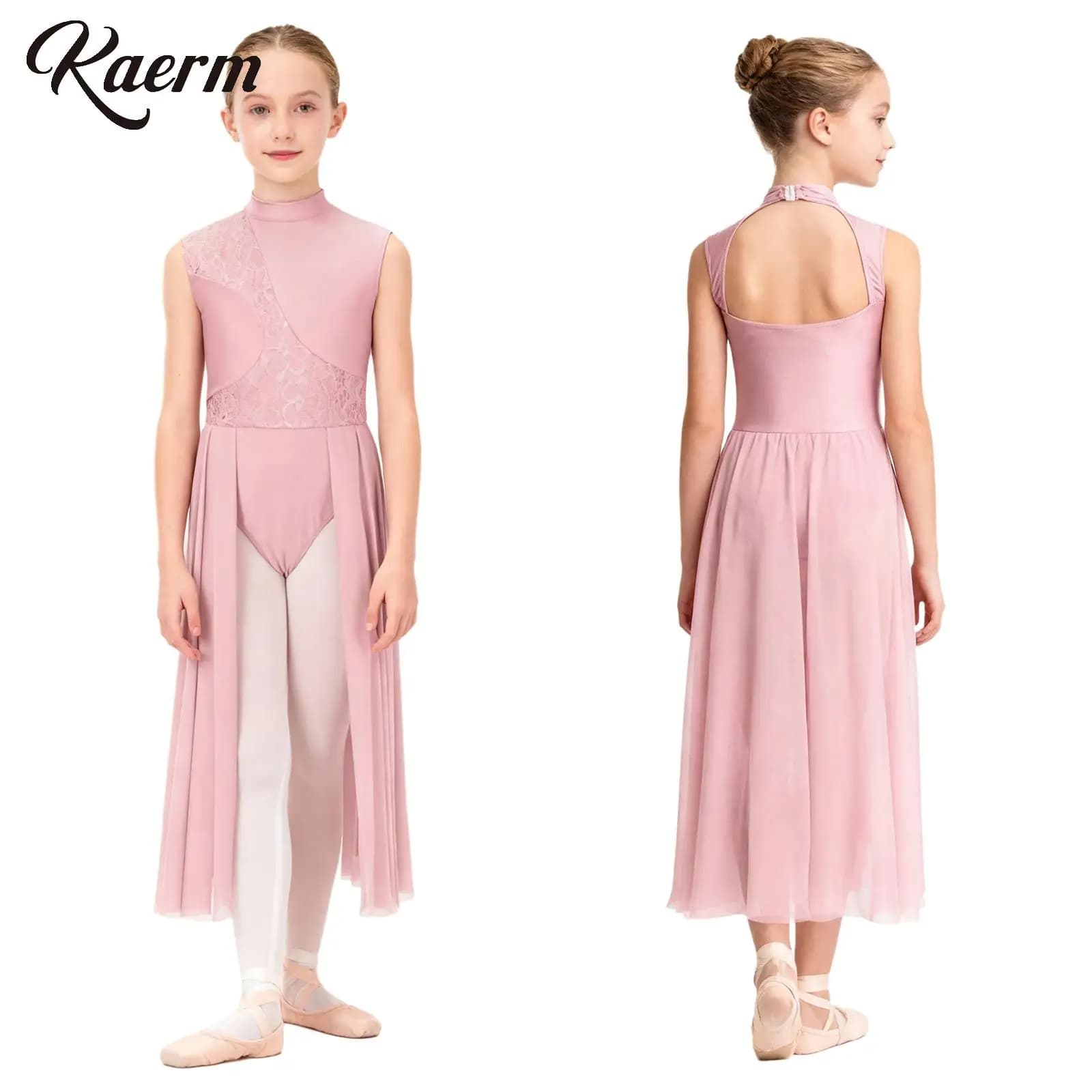 Vestito da ballo contemporaneo per bambine, senza maniche, con pizzo floreale e patchwork, body da ginnastica, vestito per pattinaggio artistico