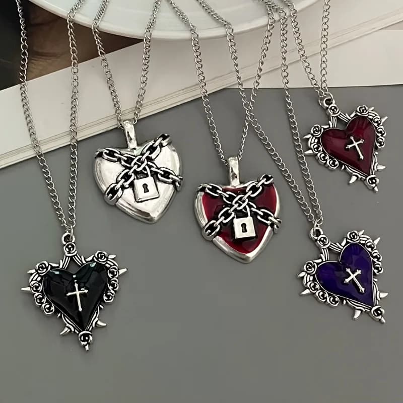5Pcs Gothic pendant necklace set chain lock imitation enamel heart-shaped rose cross pendant silver chain jewelry