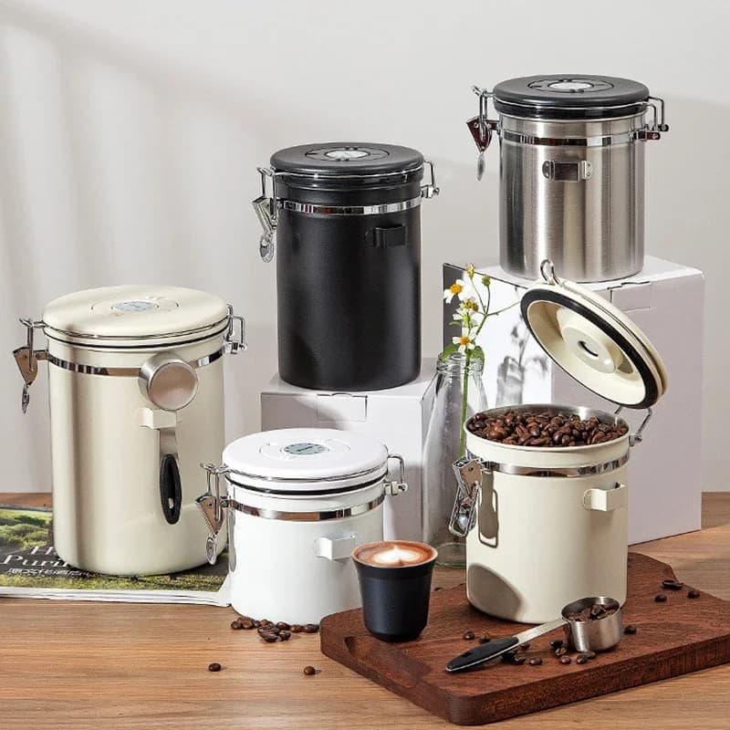 304 Stainless Steel Airtight Lid Coffee Beans Vacuum Sealed Jug Airtight Food Container Portable Grain Storage Can for Kitchen