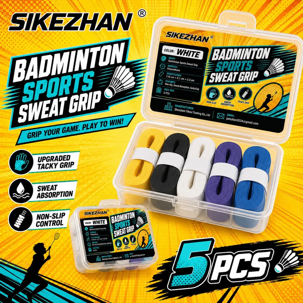 SIKEZHAN Badminton Overgrip 5PCS PU Sweat Grip Tape Non-Slip Tacky Racket Handle Wrap 110cm for Training Matches and Sports Use