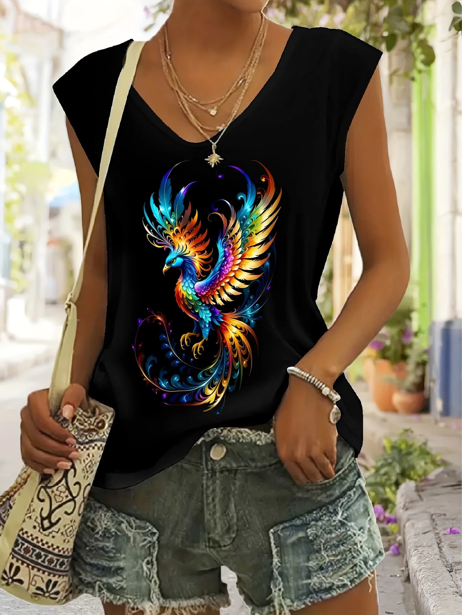Top estivo da donna con scollo a V in modal, sottile e traspirante, con design Dreamcatcher, abbigliamento casual per vacanze, comodo da indossare