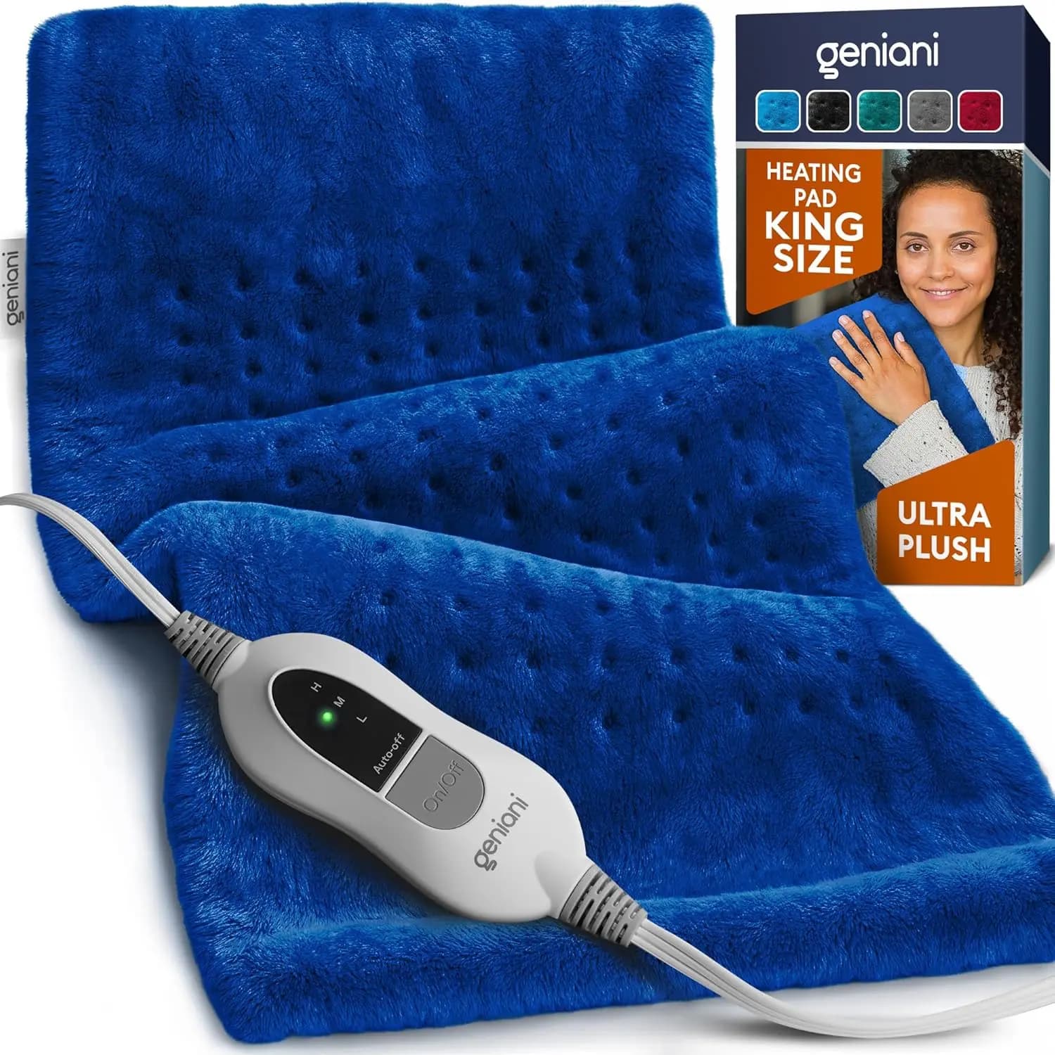 Cuscino riscaldante elettrico XL per alleviare il mal di schiena, spegnimento automatico, lavabile in lavatrice, blu spaziale