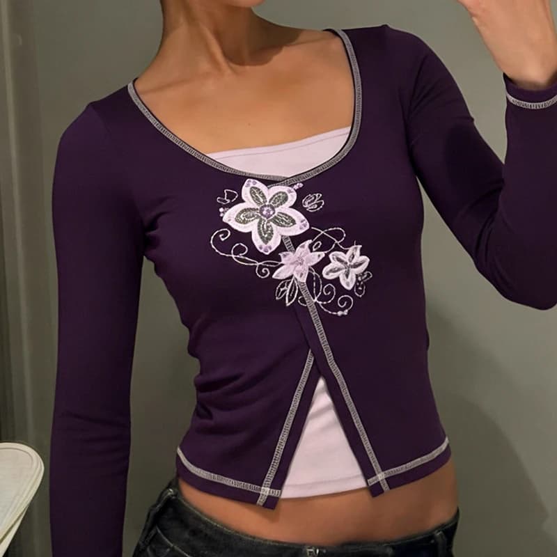 IAMSURE - Elegante T-shirt a Due Pezzi Finti con Ricami a Contrasto, Moda Vintage a Maniche Lunghe, Top Primaverile Modellante 2026