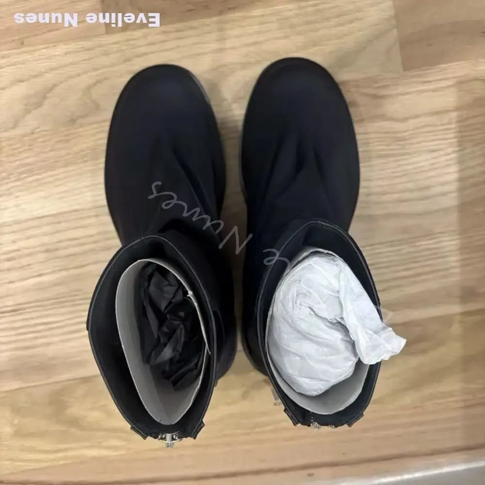 Men Black Ruched Ankle Boots Round Toe Back Zipper Soft Fabric Patchwork Leather Work Boots Anti-slip Flat Fashion Hiking Boots