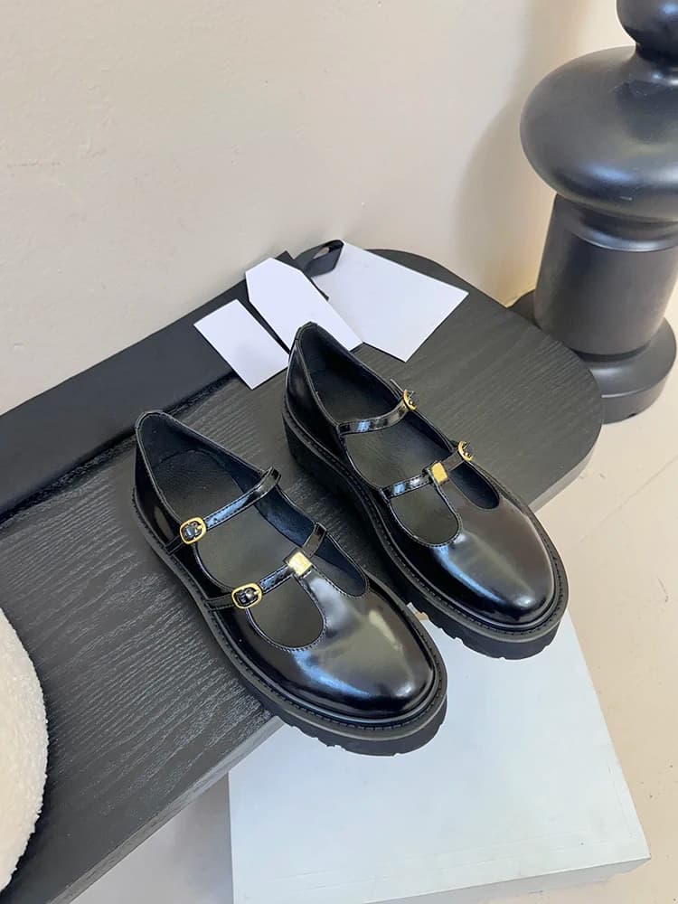 Spenneoooy Autumn Winter New Style Moccasins Buckle Round Head Woman Black Style Leisure Shoes Leather with Medium Heel