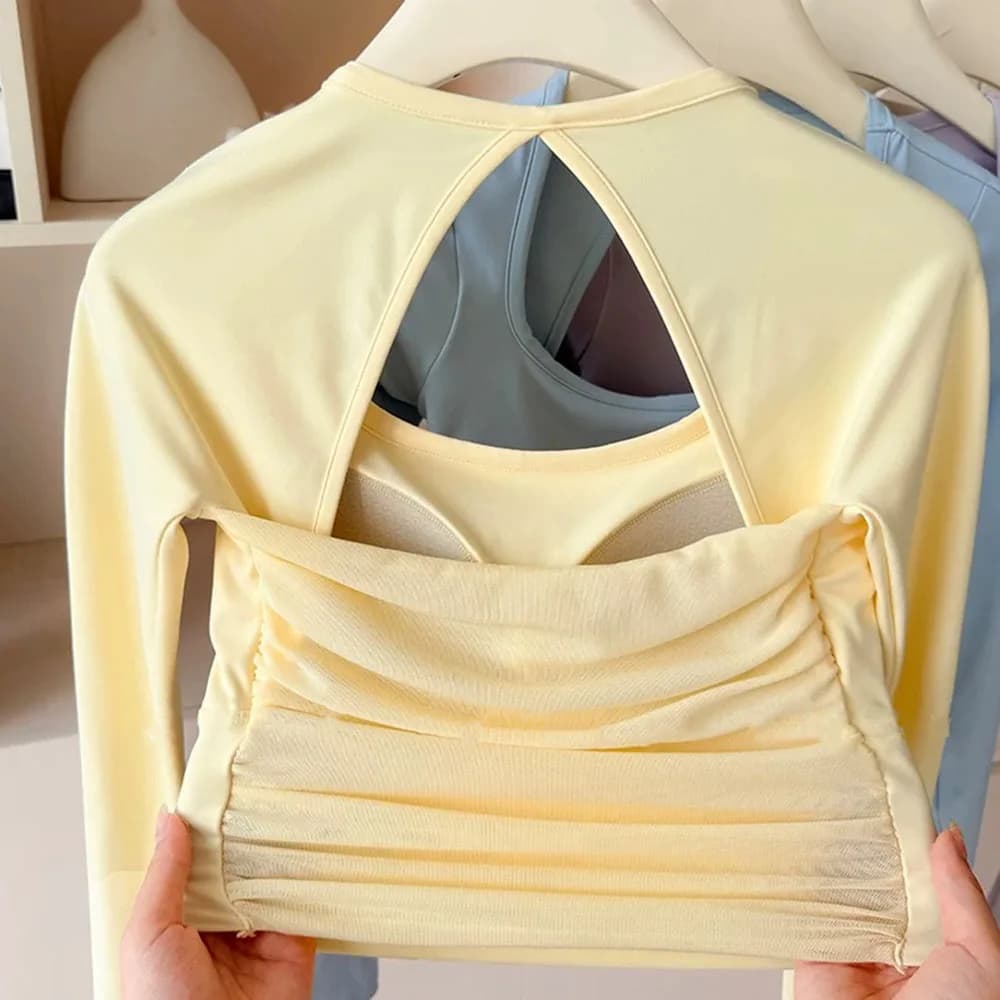 Women's long-sleeved sports top with padding on the chest, yoga clothing, fitness clothing for pilates training, running