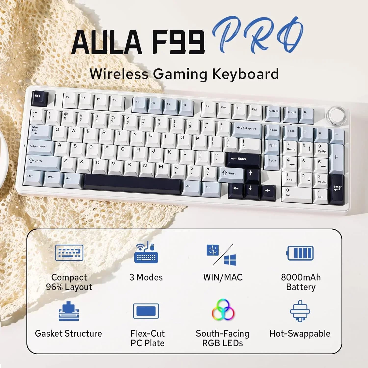 AULA F99 Pro 8000mAh Tri-Mode Wireless Gaming Mechanical Keyboard Hot Swappable Gasket 96% Layout RGB PBT Keycaps with Knob