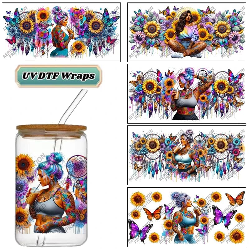Boho Sunflower & Dreamcatcher UV DTF Wraps, Colorful Tattoo Girl Stickers for 16oz Glass Cans, Waterproof DIY Transfer Decals