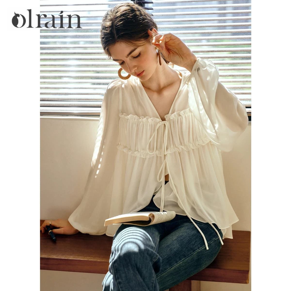OLrain Women's Lace-Up Fairycore Blouse Summer 2026 Elegant V-neck Long Sleeve Loose Lantern Sleeve Chiffon Shirts E57CX96295