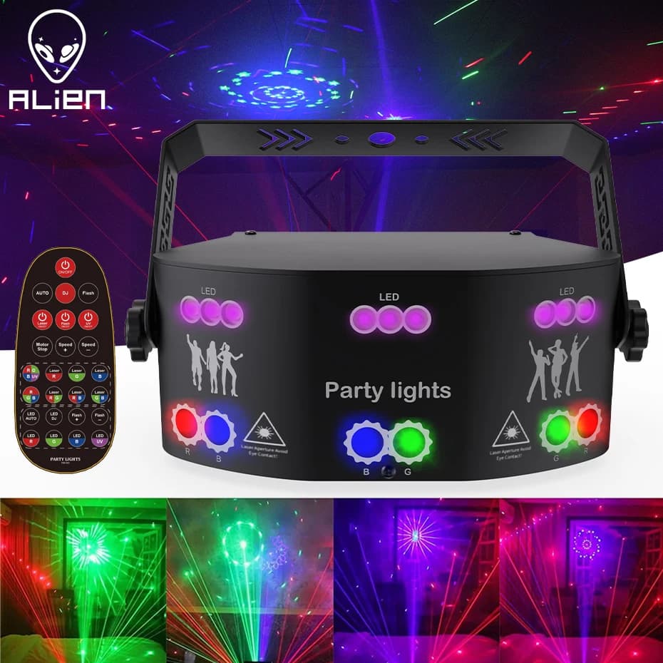 ALIEN 15 EYE RGB Disco DJ Fascio Proiettore di luce laser DMX Stroboscopico remoto Effetto di illuminazione scenica Festa di Natale Vacanze Luci di Halloween