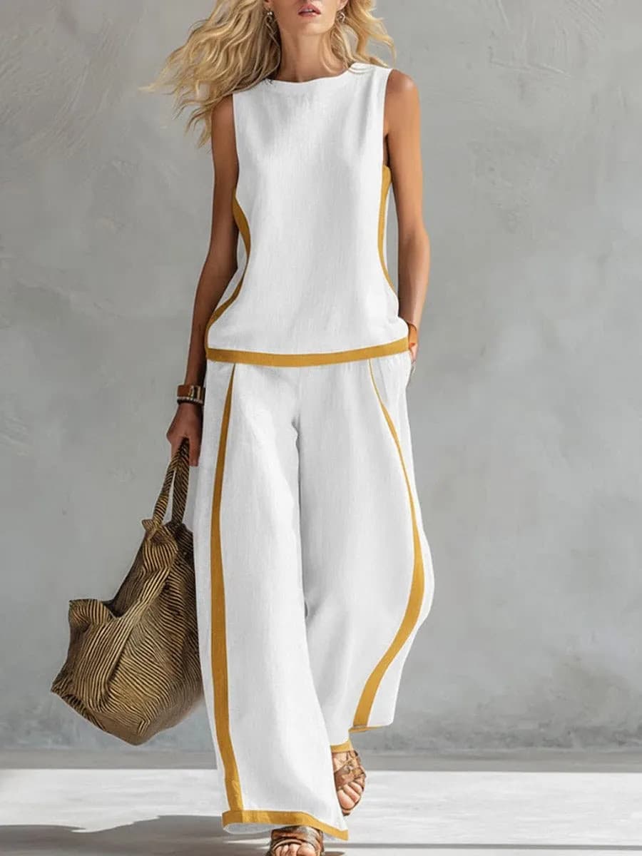 Women's suits with simple striped print, summer fashion, sleeveless blush, wide leg trousers, set two pieces for woman, casual outfit.
