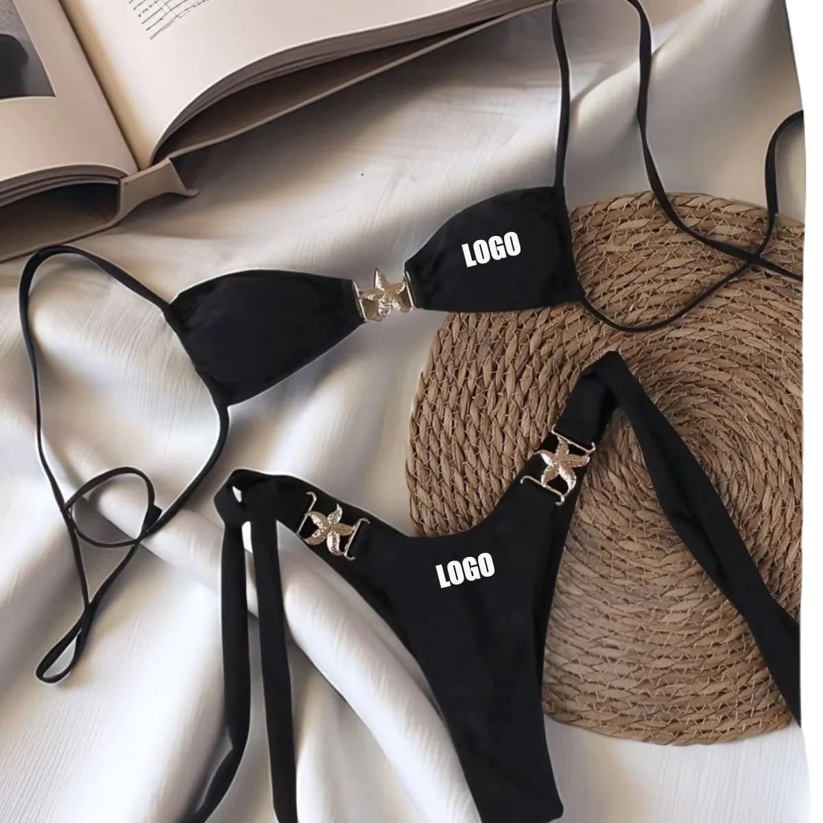 LOGO personalizzato da donna 2025 costume da bagno sexy diviso bikini set cinturino in metallo con coulisse a vita bassa set costume da bagno sexy