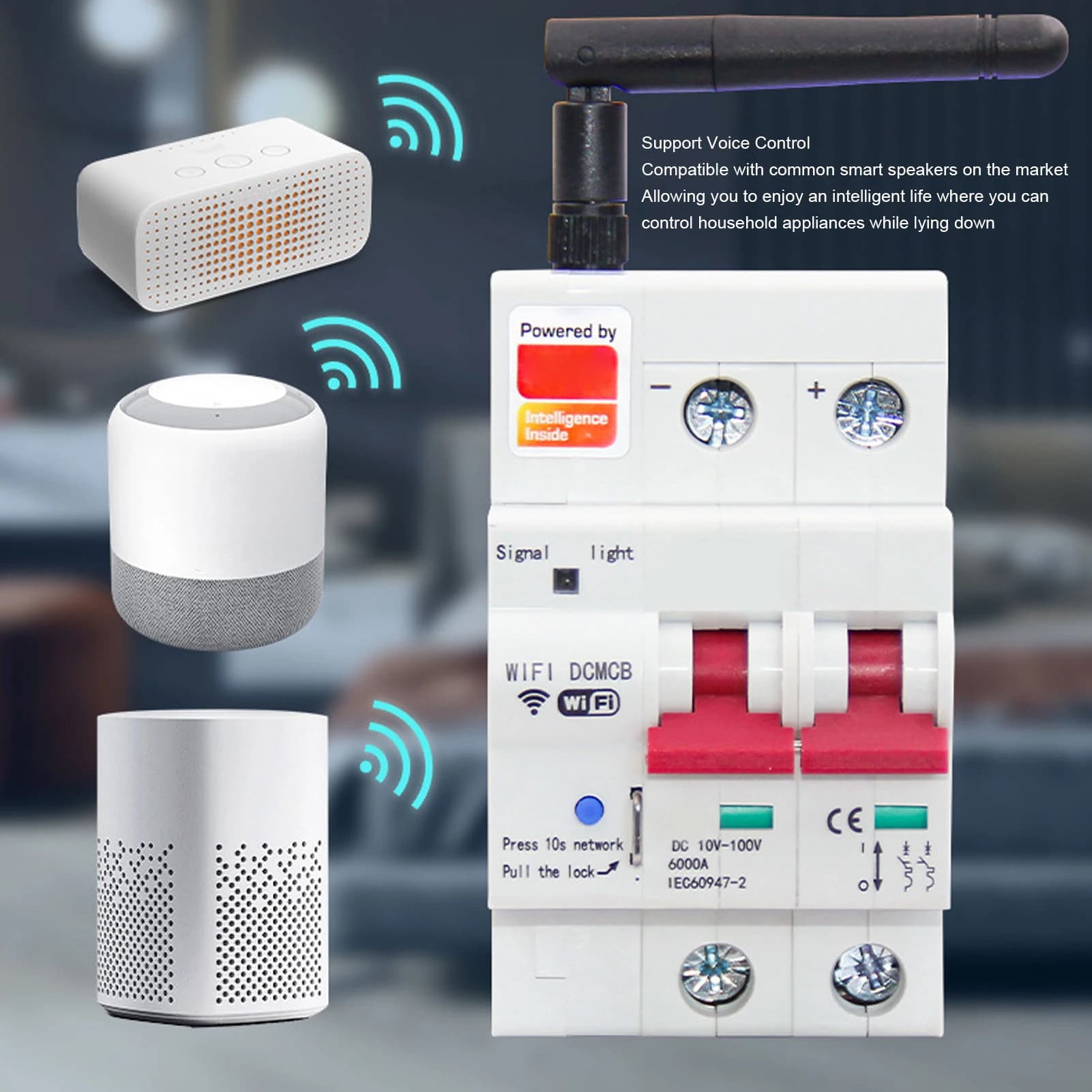Interruttore automatico intelligente 2P Controllo APP Controllo vocale Interruttore automatico WiFi con blocco di sicurezza Interruttore automatico intelligente DC10‐100V