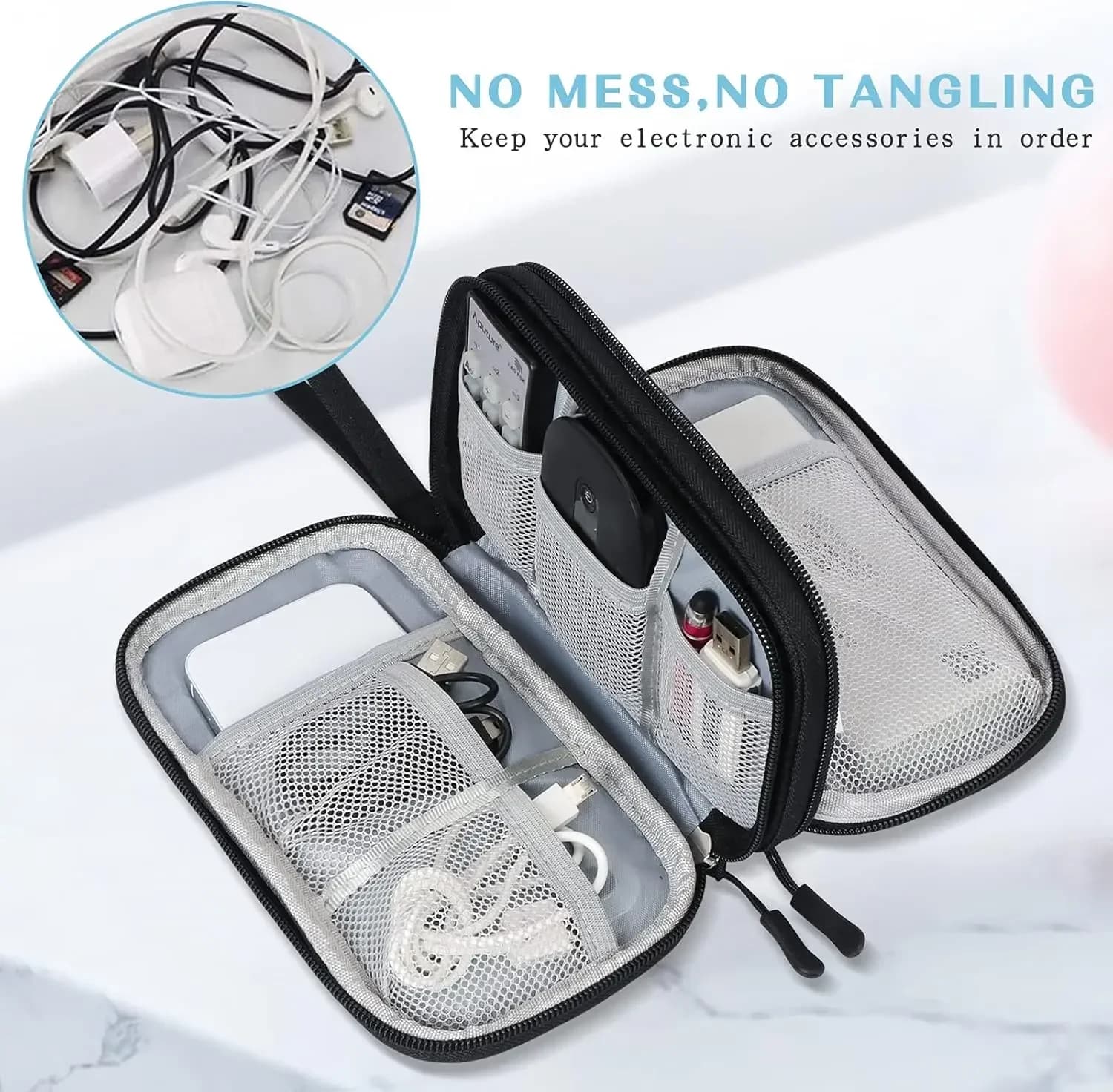 Borsa Portacavi Impermeabile, Custodia Portatile Multistrato, Organizer da Viaggio per Cavi, Cordini e Caricabatterie USB