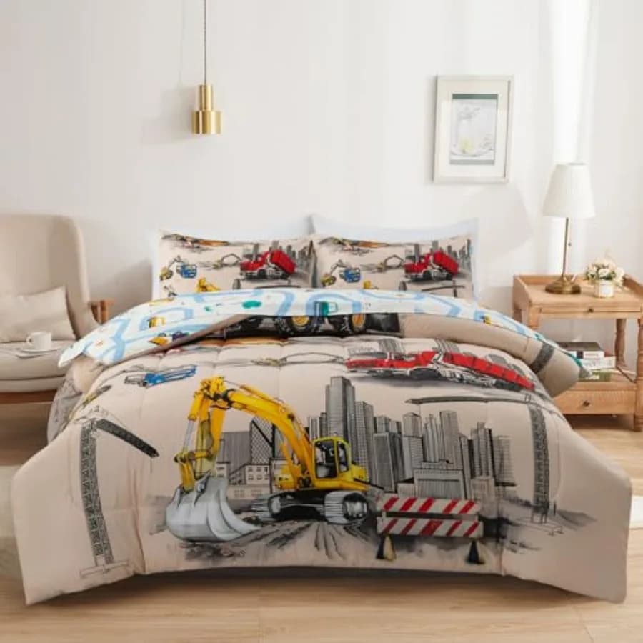 Set di biancheria da letto per bambini con stampa di camion, trattori e auto, con lenzuola, stampa di auto da costruzione e escavatori, 5 pezzi, in una borsa.