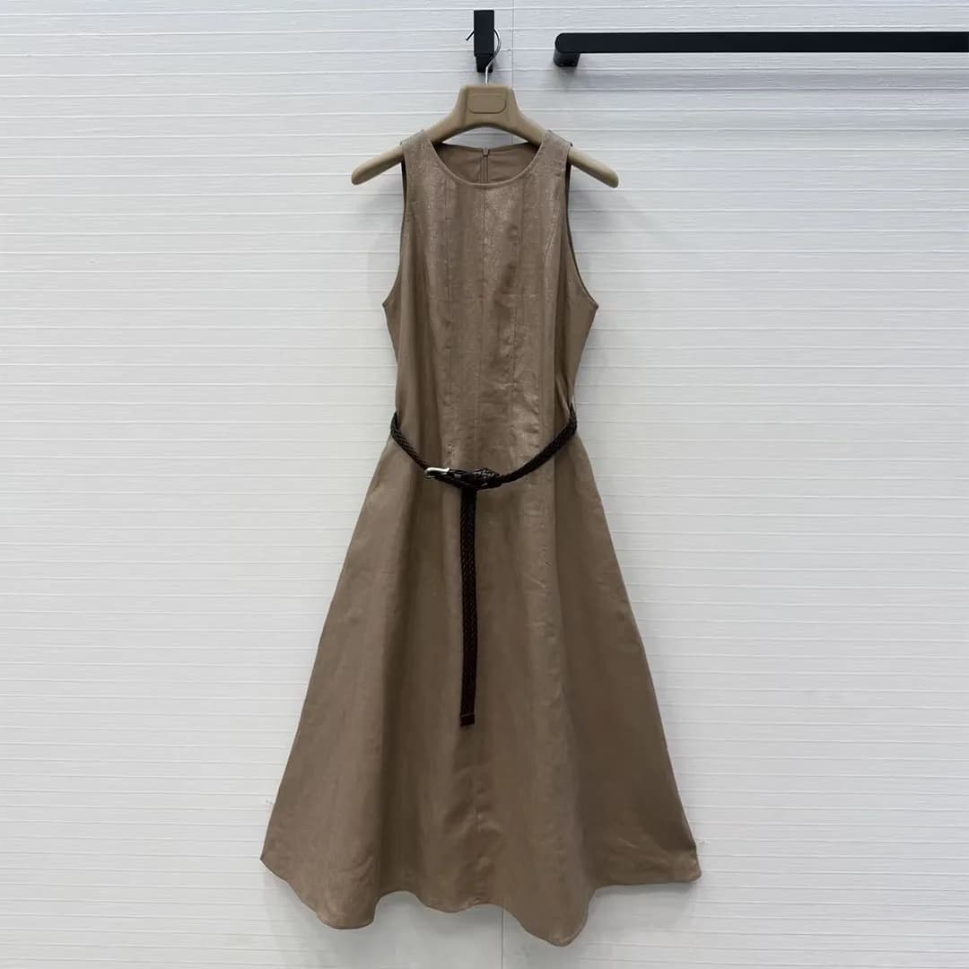 Abito Lungo in Lino Lurex Stile Old Money di Lusso con Cintura all'Uncinetto, Vestito Estivo da Donna Senza Maniche con Scollo a O, Linea ad A, Elegante e Chic
