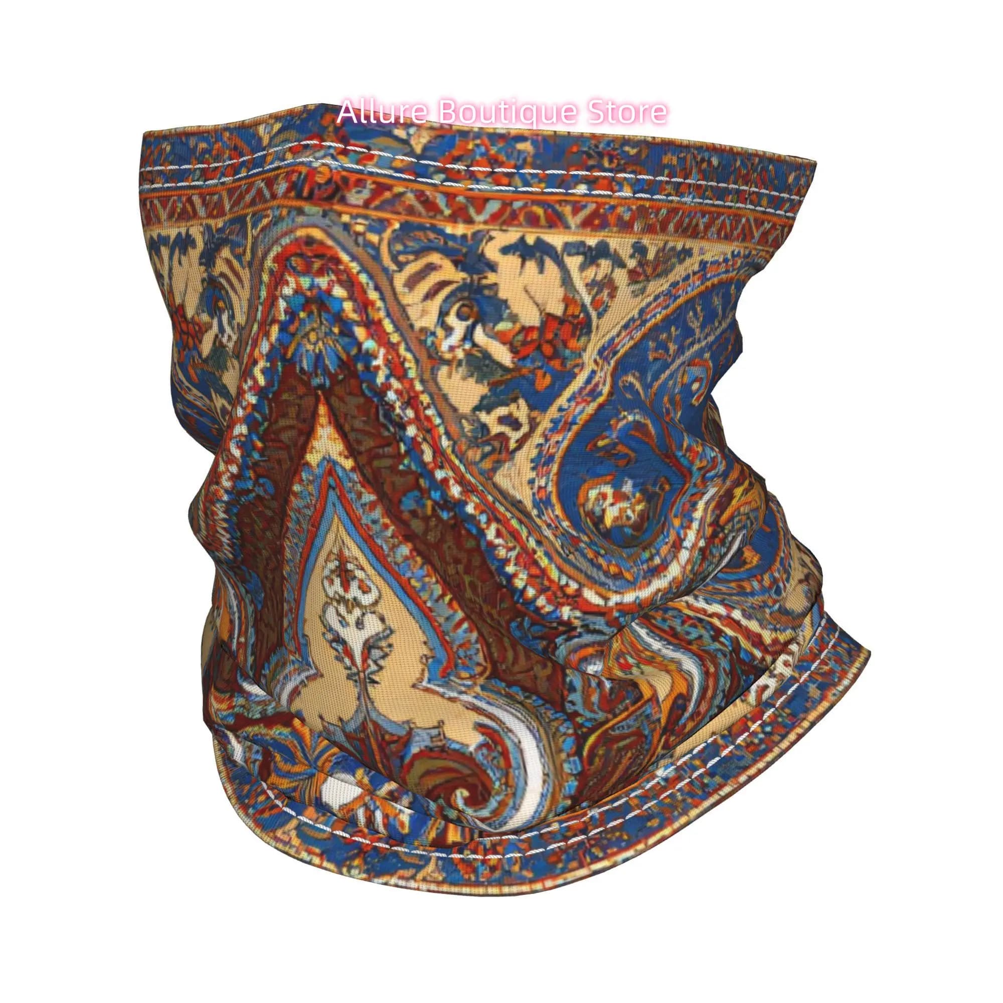 Traditional Persian Style Square Textile with Star And Paisley Motifs in Cobalt Blue And Ochre Bandana Neck Gaiter Face Mask Run