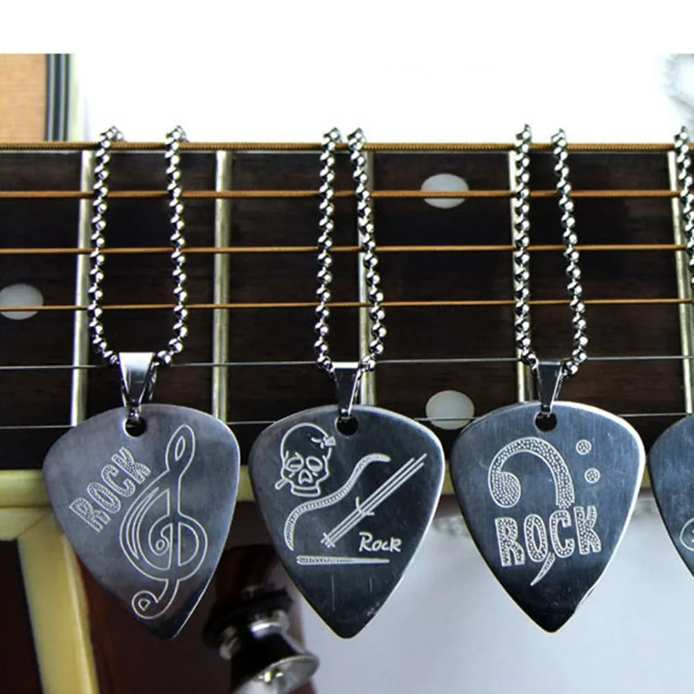 Guitar Pick Necklace Stainless Steel Charm Pendant Adjustable Black Cord Chain Extender for Stringed Instrument Fans