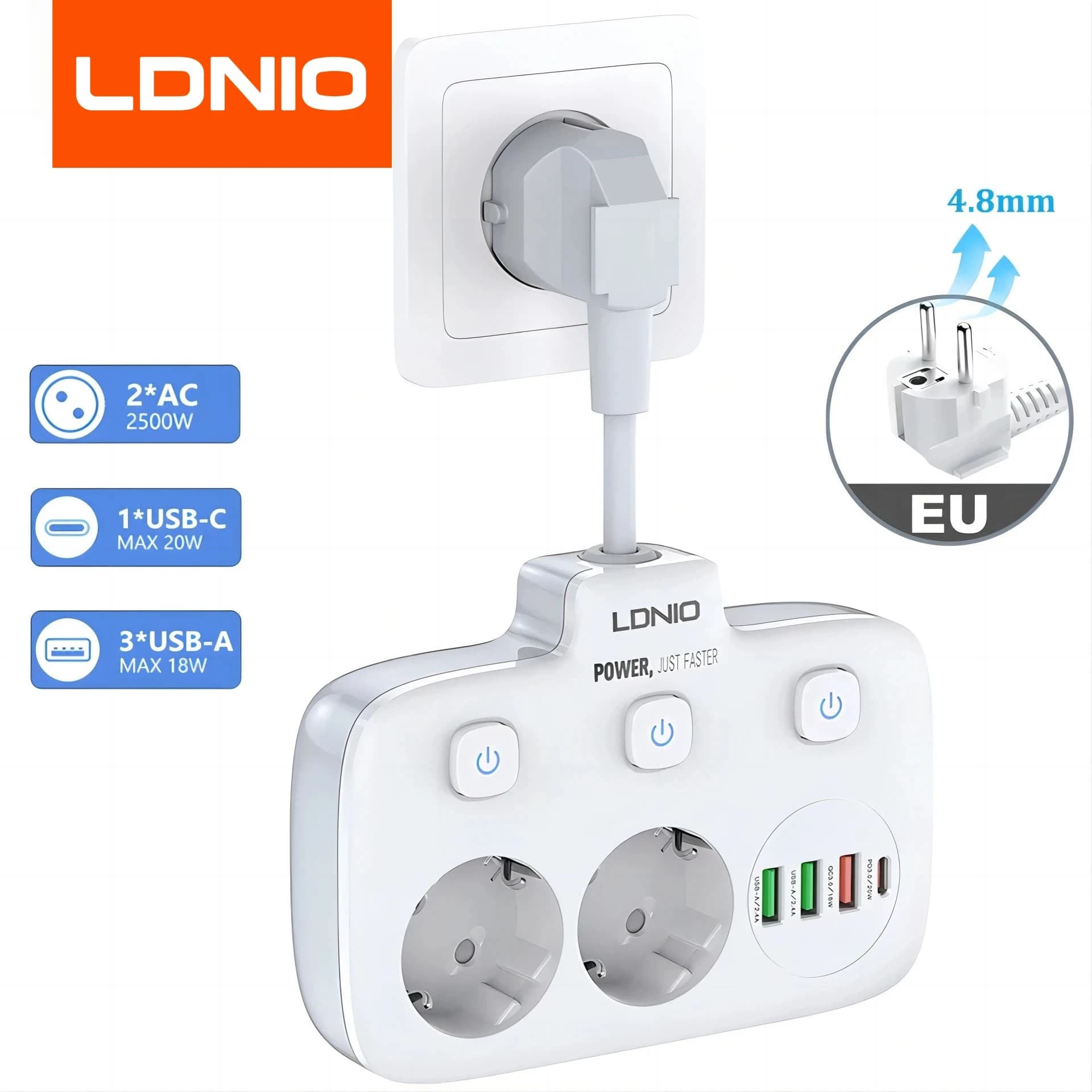 LDNIO Adattatore per ciabatta per presa elettrica Europlug 4 con uscita USB con cavo di prolunga Protezione da sovratensione Spina domestica SE2435