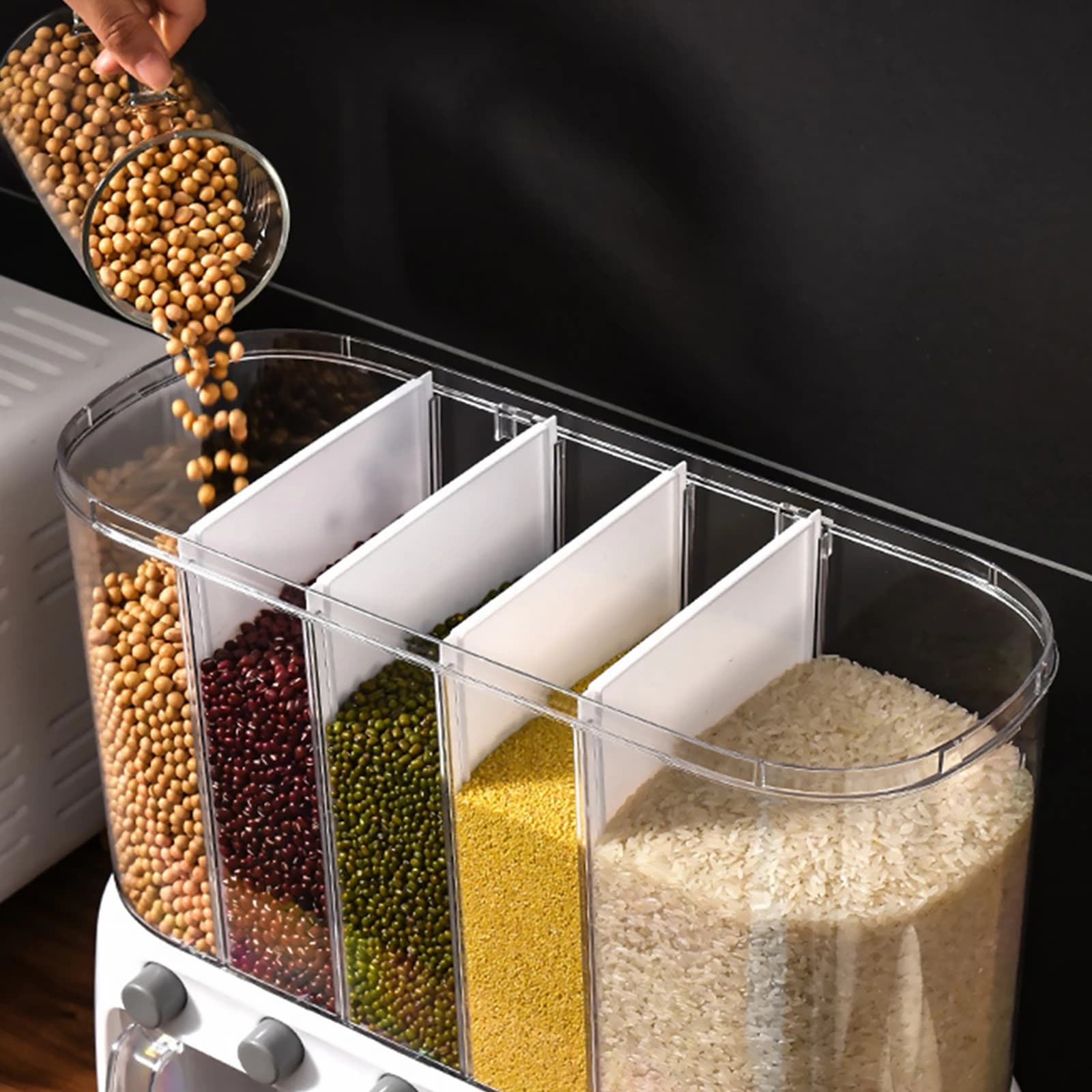 Contenitore per Cereali da 12L, Scatola Organizzatrice Anti-Insetti, Dispenser per Alimenti Secchi, Contenitore per Riso con Scomparti