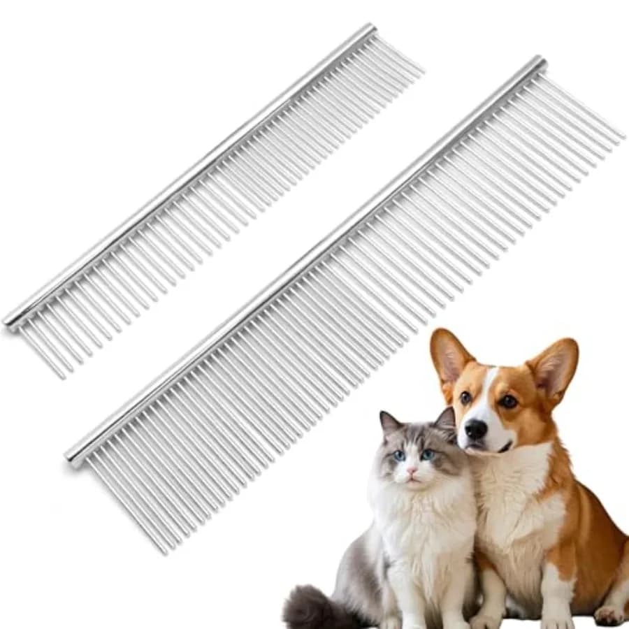 2 Pcs Dog Grooming Combs Set, Metal Dog Comb for Removing Tangles and Knot, Cat Brush Grooming Tool for Long Haired Pets