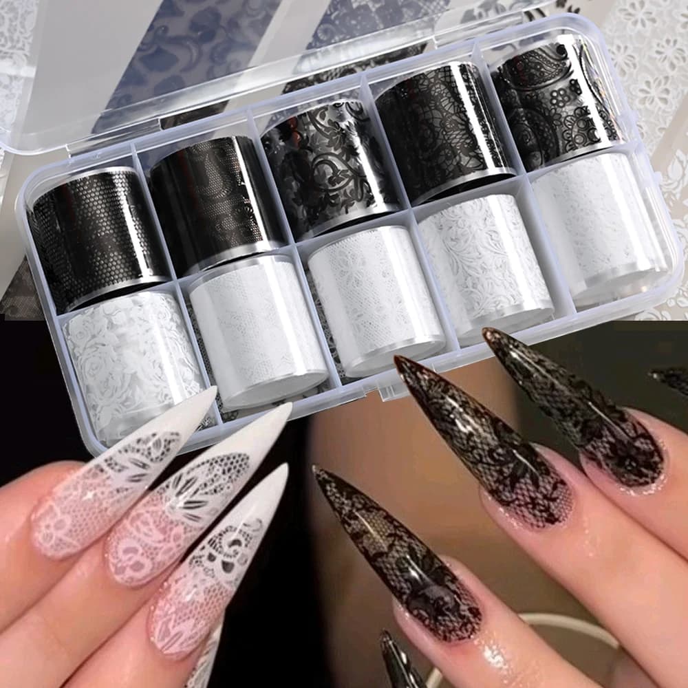 10rolls Mixed Black&White Lace Nail Transfer Foils Sticker Set Sexy Lace Flower Pattern Nail Stickers For women Manicure Decor#%