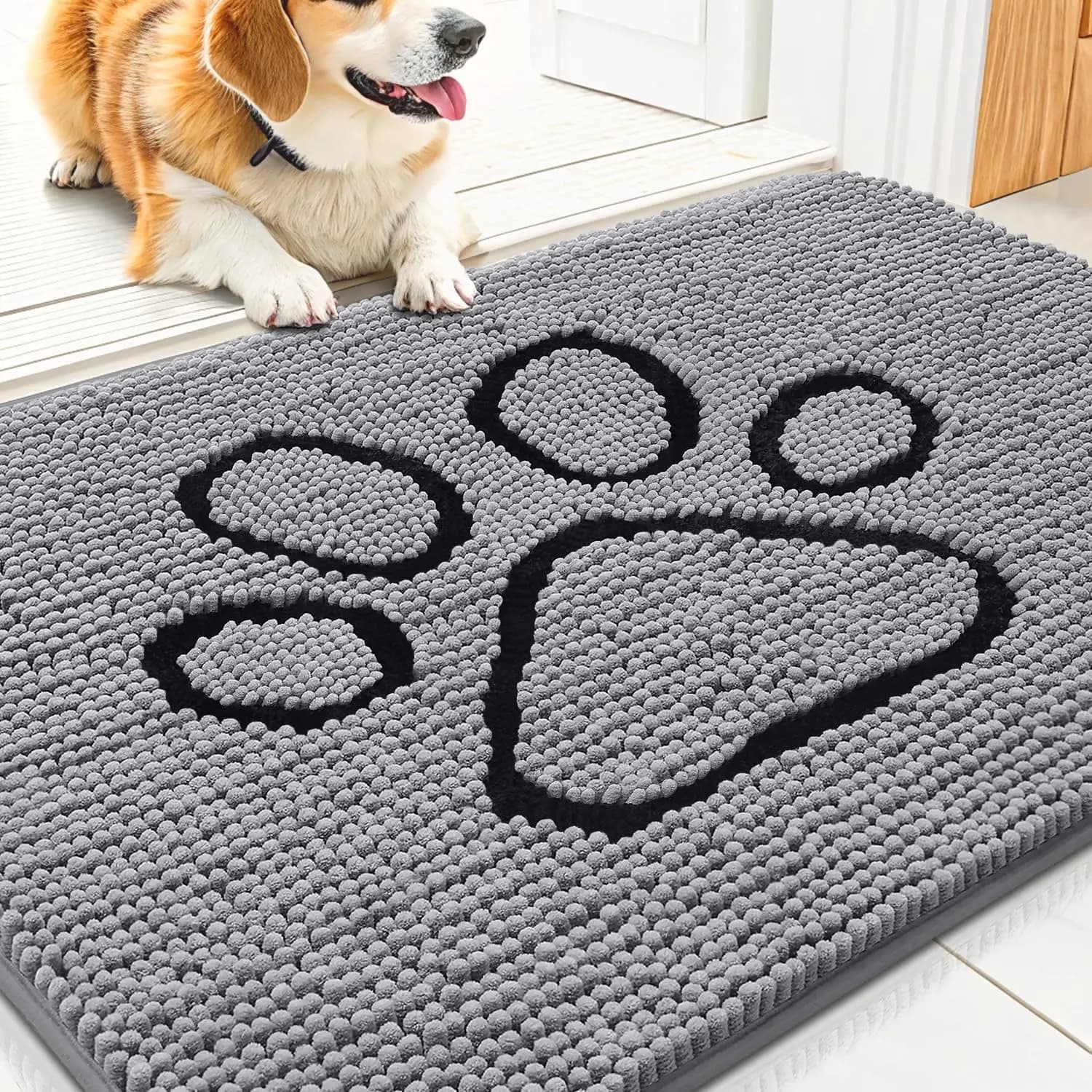Tappetino Assorbente in Ciniglia per Cani con Zampe Fangose, Antiscivolo ad Asciugatura Rapida Lavabile, per Interni ed Esterni, 30x20 Pollici Grigio Nero