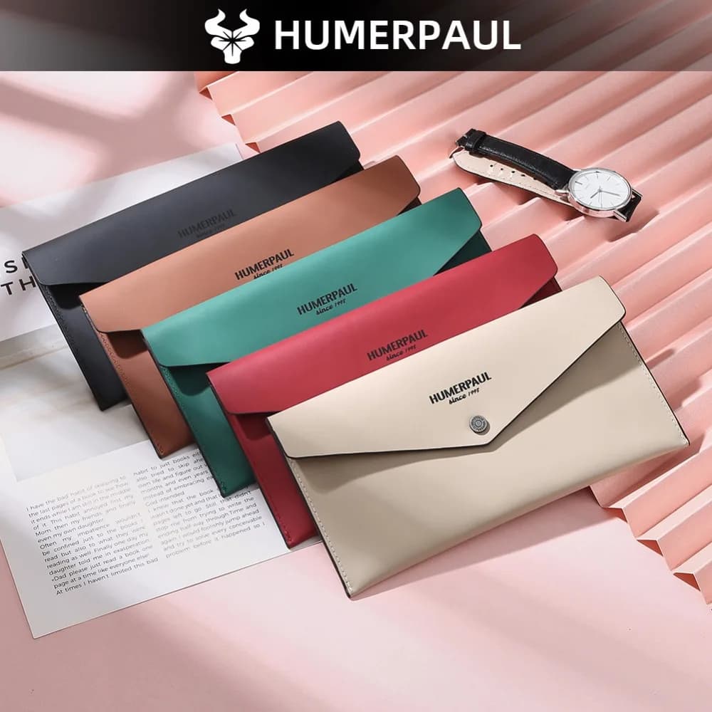 Solid-Color Genuine Leather Passport Holder Top-Grain Cowhide Billfold Envelope-Style Wallet Business Card Holder