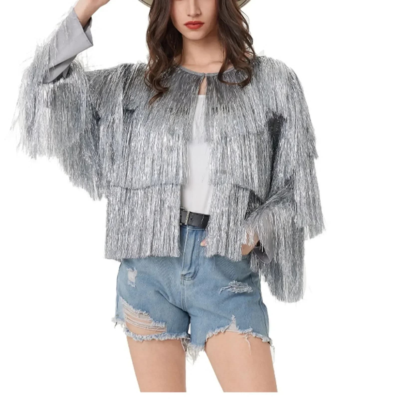 Women's sequin sparkling diamond hip-hop long sleeved tassel zipper jacket for club wear, women's street style outerwear jacket