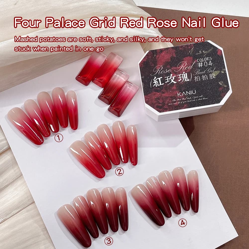 Kaniu 4 Colori Nuovo Gel Blush Illuminante Rosa Rossa, Gel per Unghie Effetto Rosa Rossa per Capodanno, Colla per Unghie Rosa Rossa a Quattro Scomparti, Strumenti per Unghie