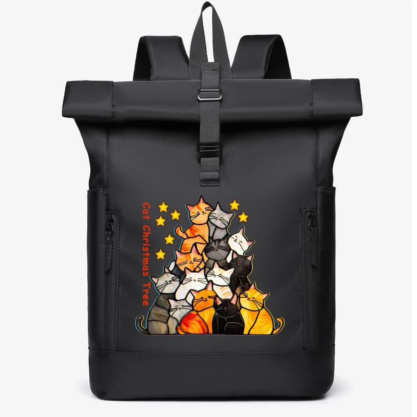 Zaino Impermeabile con Chiusura Roll-Top per Esterni, Stampa Gatto e Albero di Natale, Resistente e alla Moda, per Viaggi e Uso Quotidiano