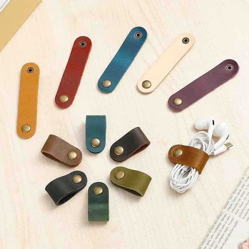 10pcs Faux Leather Data Cable Earphone Cable Faux Leather Tie Leather Cable Winder, Without Battery, For Cable