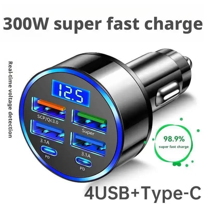 300 W 6 Doors PD Car Charger Quick Charge QC3.0 USB Car Charger C Type C Adapter Super Fast Dual PD with Digital Display