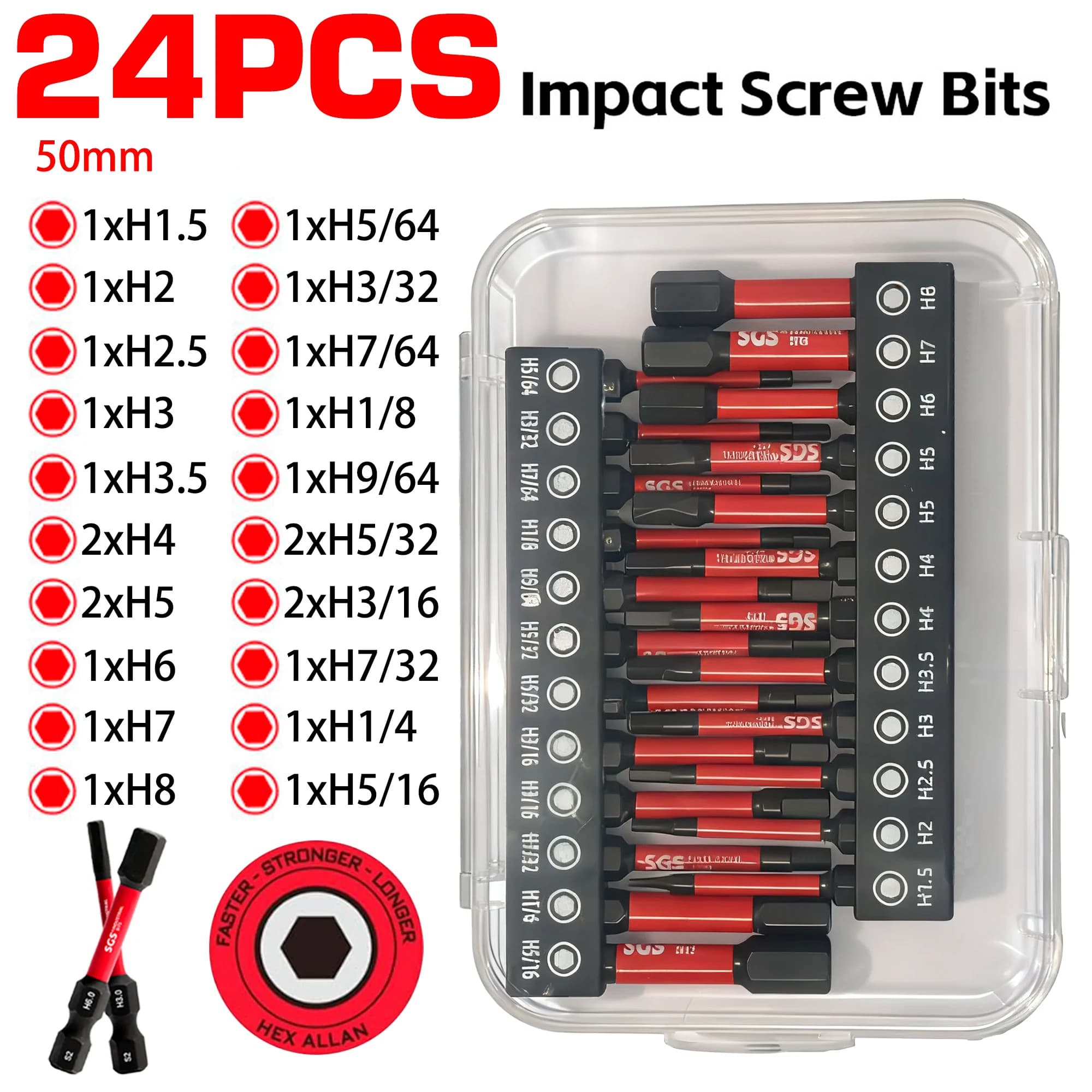 Set of 12/24 Hexagon Tips in Steel S2, Strongly Magnetic and Anti-Torsion, with Transparent Box, Industrial Grade Repair Tools