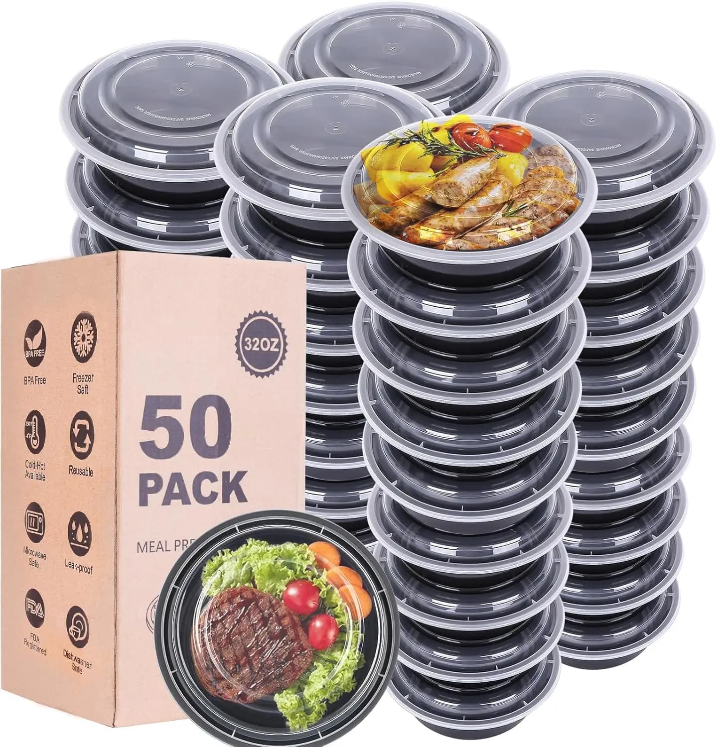 Confezione da 50 Contenitori per Pasti da 32oz con Coperchi, Senza BPA, Adatti per Freezer e Lavastoviglie, Ciotole Rotonde da Asporto