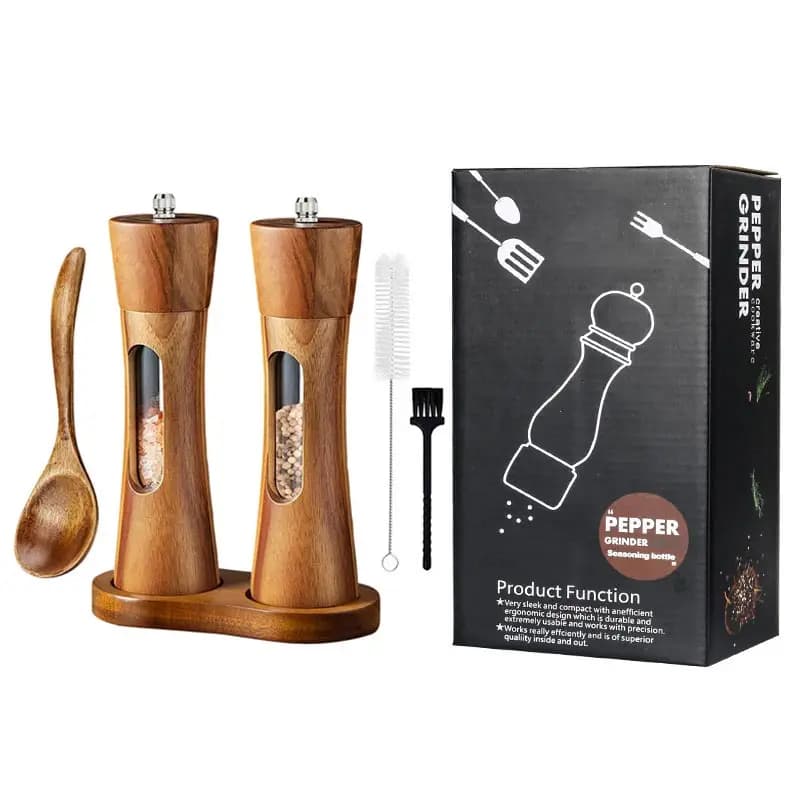 Set di macinapepe acrilico pagoda da 8 pollici con base, macinapepe manuale in legno con set di strumenti per agitatore di spezie con nucleo in ceramica