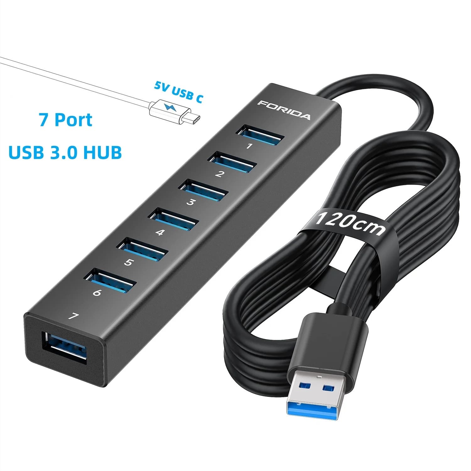FORIDA 7 Porte 5 Gbps USB A 3.0 Docking Station Cavo lungo in alluminio Hub USB 3.0 Adattatore di alimentazione 5 V per tastiera desktop portatile