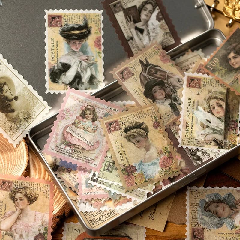 1pack/60pcs Vintage Stamp Sticker Pack Postmark Pattern for Journal Scrapbook DIY Crafts