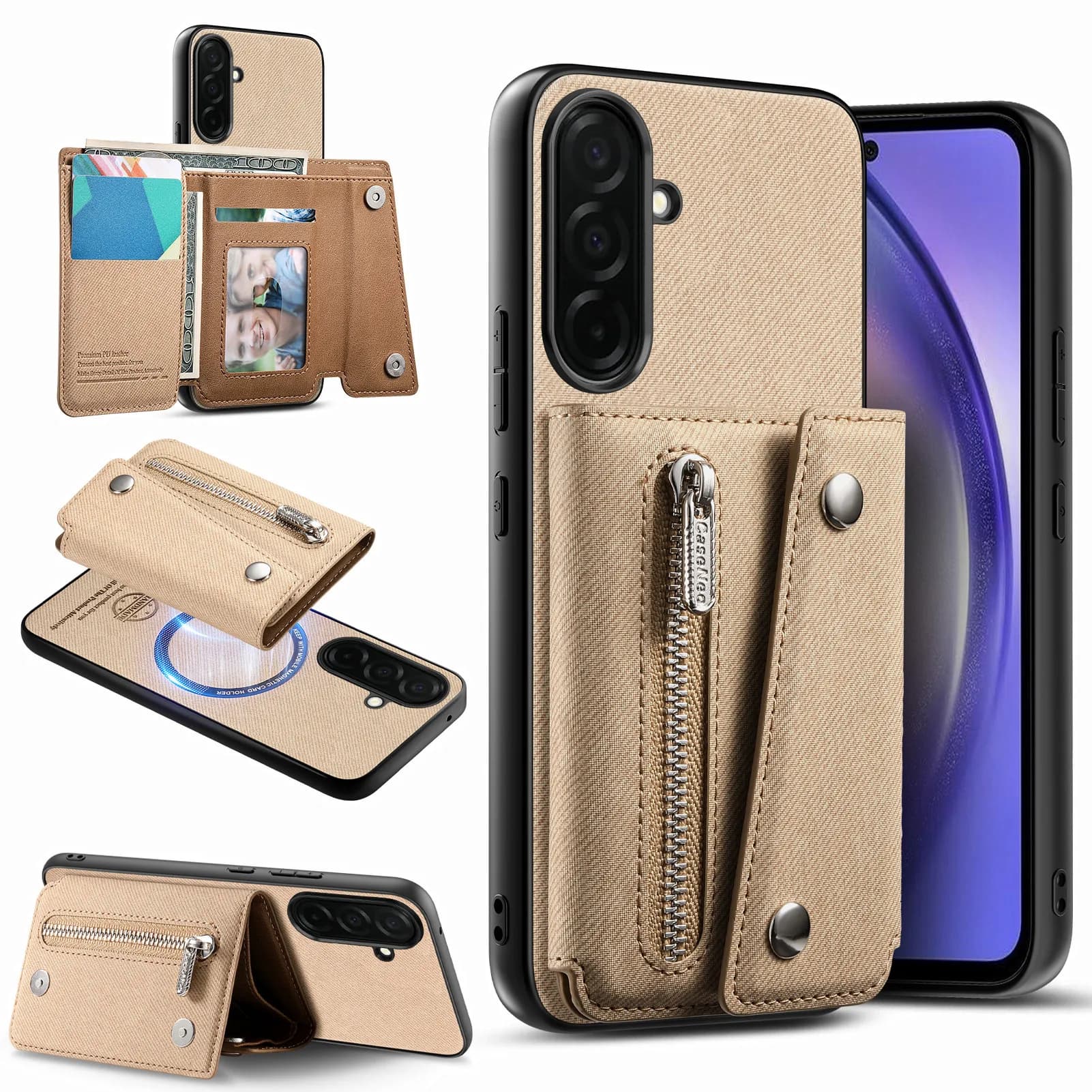 Custodia a portafoglio con cerniera in pelle effetto denim per Samsung S26 Ultra S25 S24 Plus S23 S22 A17 A07 A57, antiurto con supporto integrato