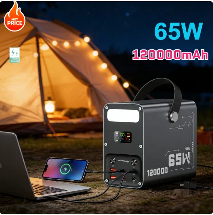 120000mAh High Capacity Power Bank Power Station Fast Charging PD 65W LiFePO4 Portable Outdoor Generator with DC 12V/3A Output