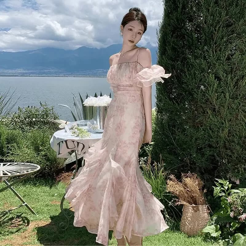 Moda estiva francese Stampa sexy Maniche a sbuffo Abito da donna Silm Fit Abiti lunghi Camicia floreale senza schienale Coquette Y2k Abbigliamento