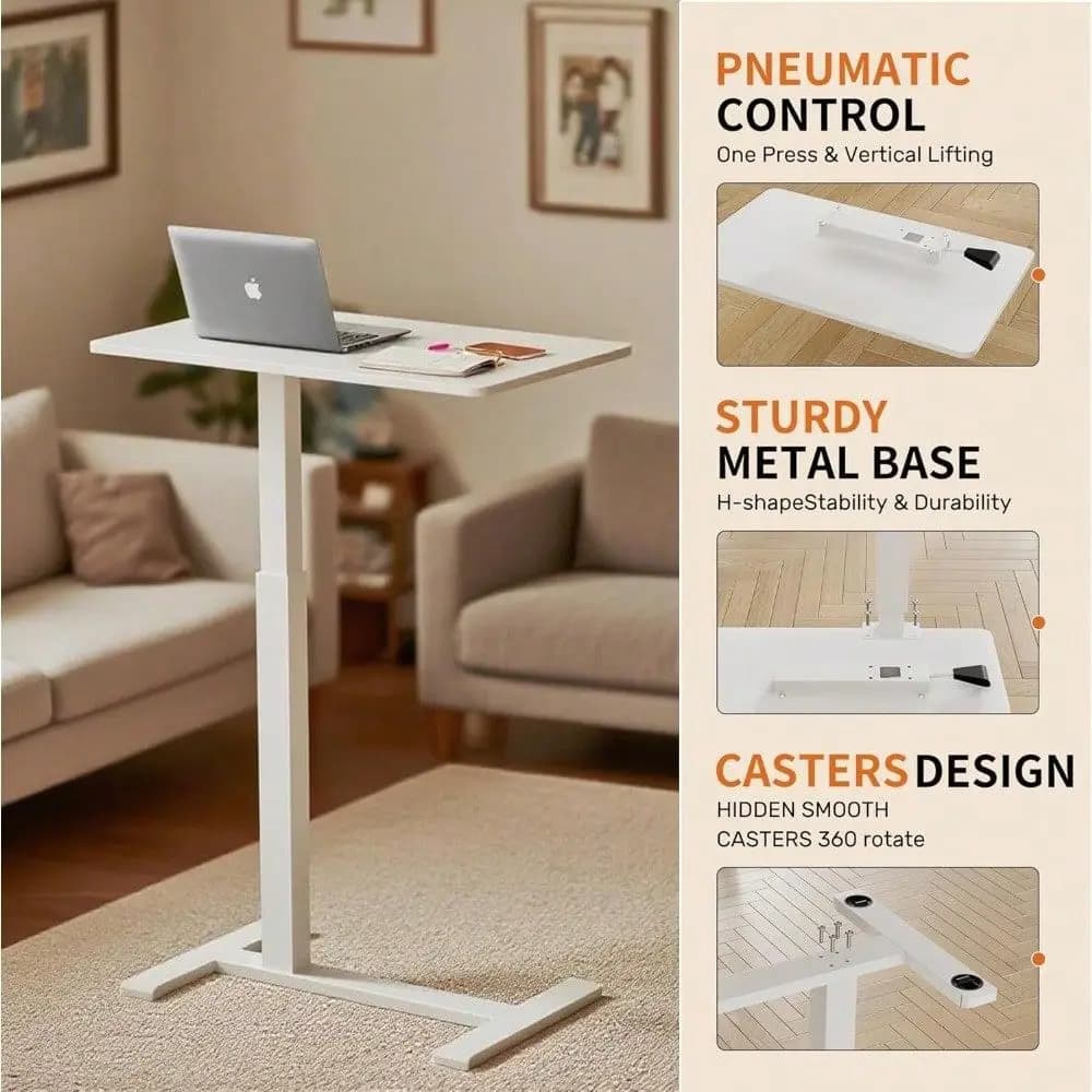 Scrivania per Insegnanti con Ruote Nascoste, Tavolo Mobile Pneumatico per Laptop Regolabile in Altezza, Piccola Scrivania Sit-Stand per Casa e Ufficio