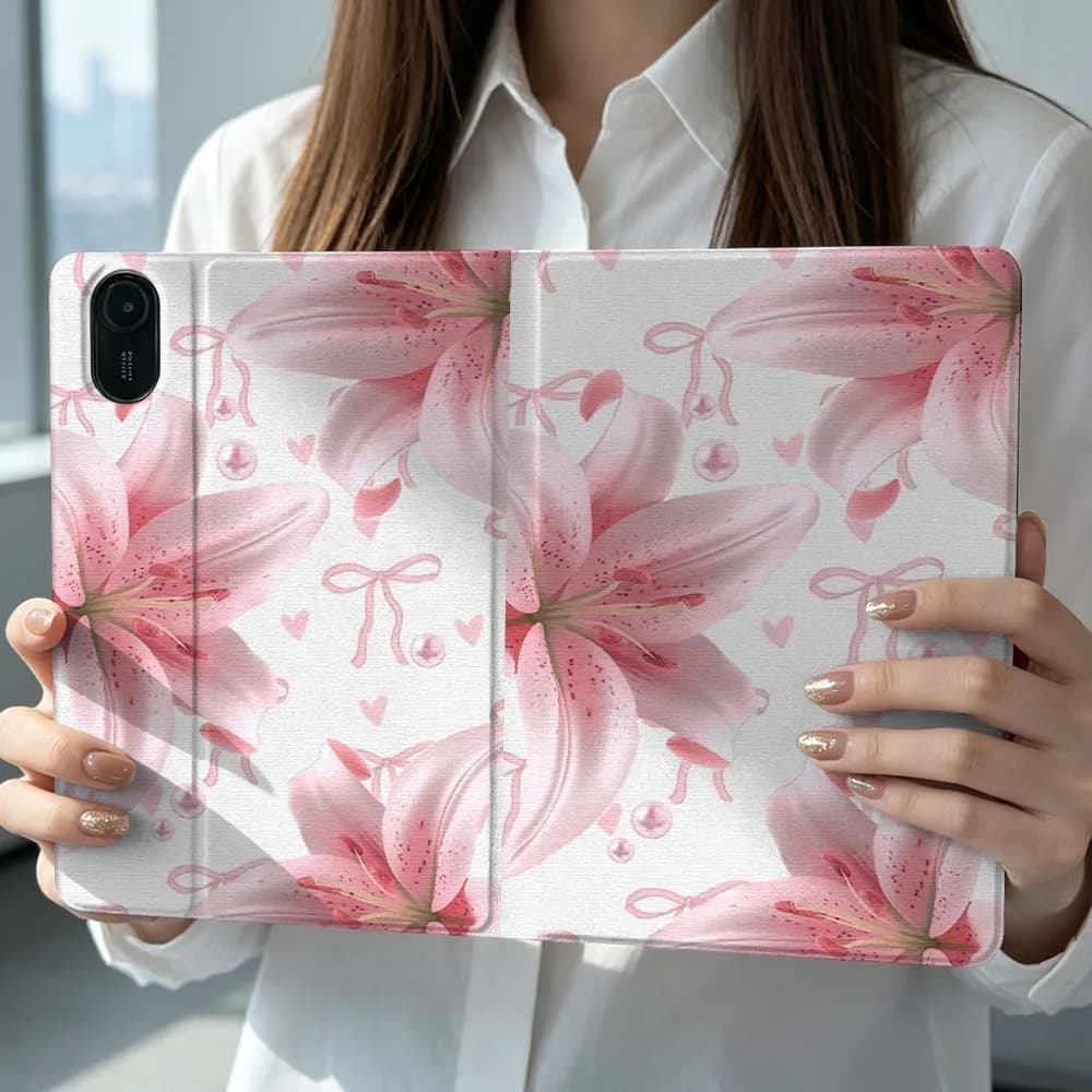 Pink Lily Bow Pearl For Xiaomi Poco Redmi Pad 8 2 4 C1 6 6S 7 7S SE 9.7 14 11 11.2 12.1 12.5 Inch Tablet Case Pen Tray