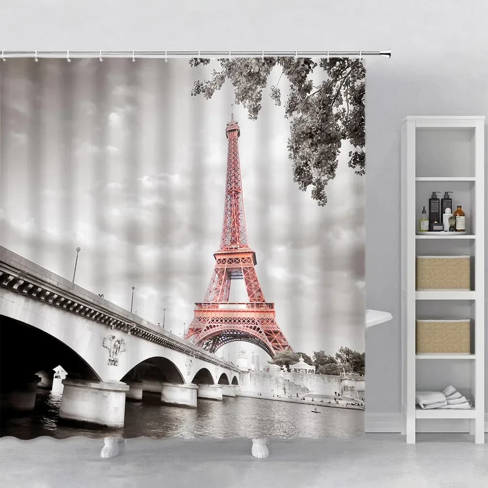 Paris Tower City Landscape tenda da doccia Set gancio appendiabiti Modern Home Decor tenda da bagno schermo da bagno in tessuto di poliestere