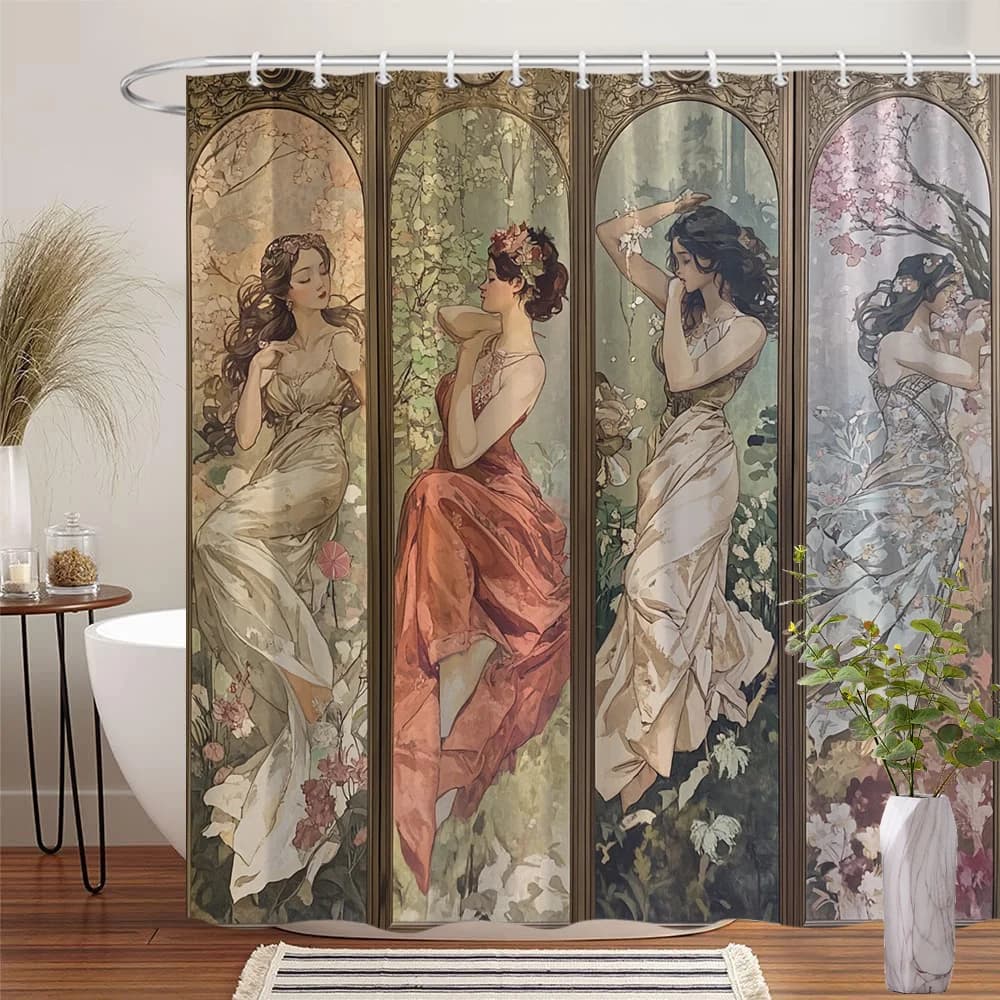 "Vintage Art Nouveau Tenda da doccia impermeabile, donne eleganti con design floreale per l'arredamento classico del bagno"