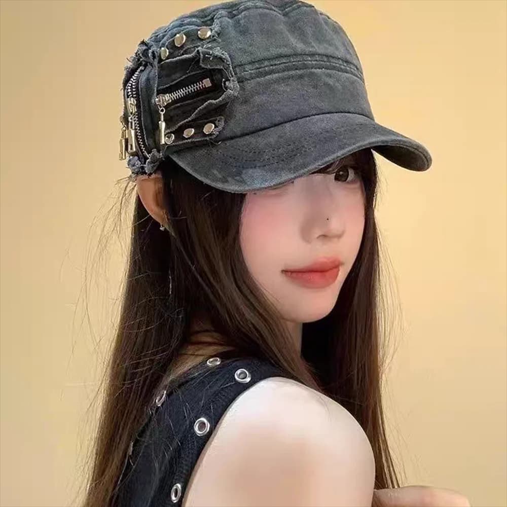 2026 new Personality Cloth Rivet Denim Beret Spice Girls Y2k Equestrian Hat Washed Cotton Fashion Denim Octagonal Hat Girl
