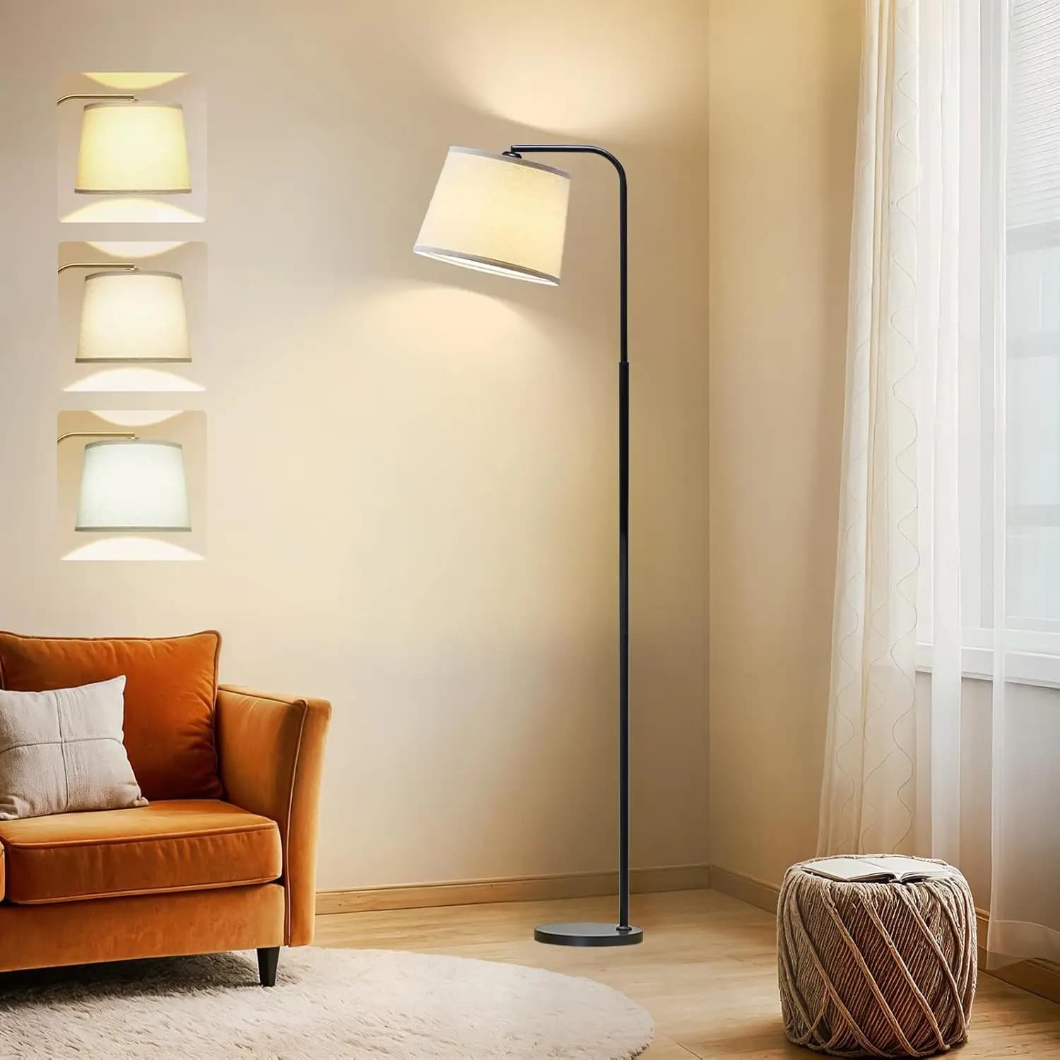Lampada da Terra ad Arco Moderna con 3 Temperature di Colore, Testa Regolabile e Interruttore a Pedale per Soggiorno, Camera da Letto, Ufficio