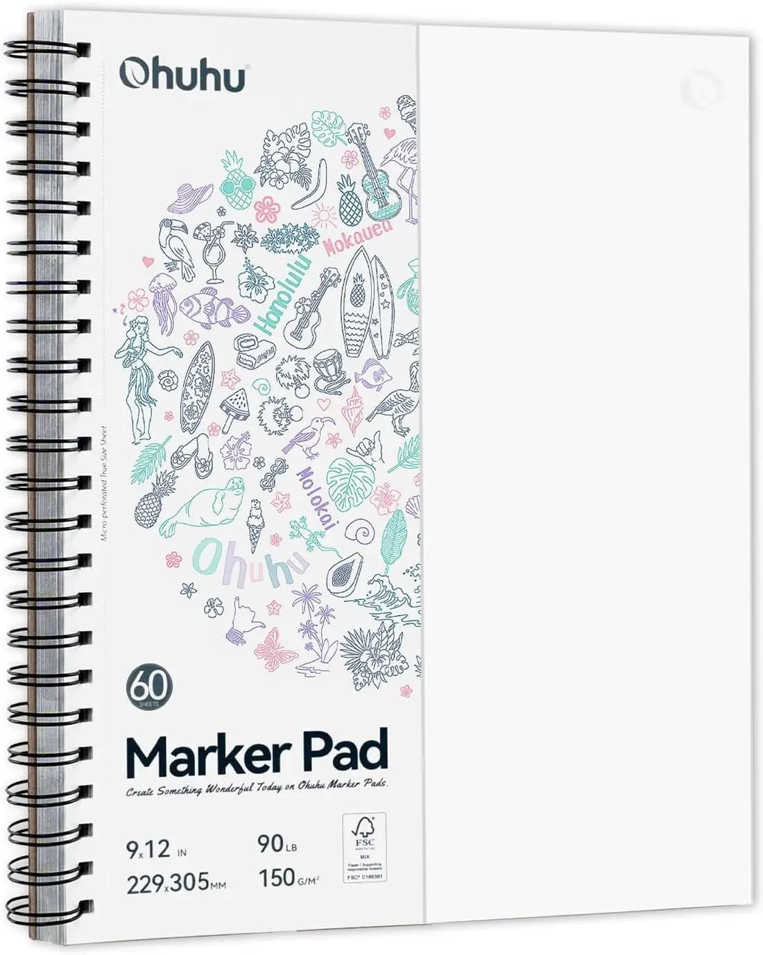 Double-Sided Marker Pad Art Sketchbook Bleedproof - 9x12 Large Paper - 90lb 150gsm Smooth Drawing Paper - 60 Sheets 120 Pages