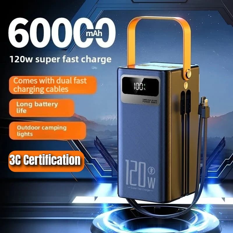 Large Capacity Portable Power Bank 60000mAh 120WC Quick Power Adapter with USB Cable C External Replacement Battery for IPhone Samsung Powerbak