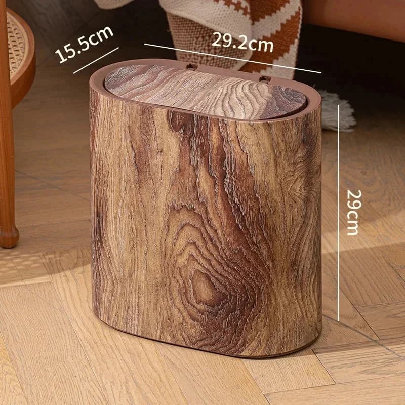 Plastic Faux Wood Grain Trash Can Slim Lid Large Capacity Bin For Bathroom Narrow Spaces Living Room Rustic Gift For Small Homes
